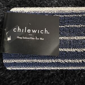 Chilewich Domino Stripe Shag Indoor/Outdoor Mat - Denim, 24" x 72" Runner